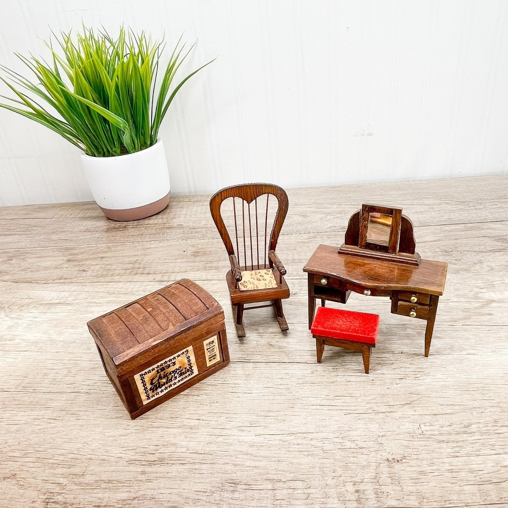 Miniature wooden dollhouse Vanity with Mirror & Stool,β Chest, & Rocking Chair